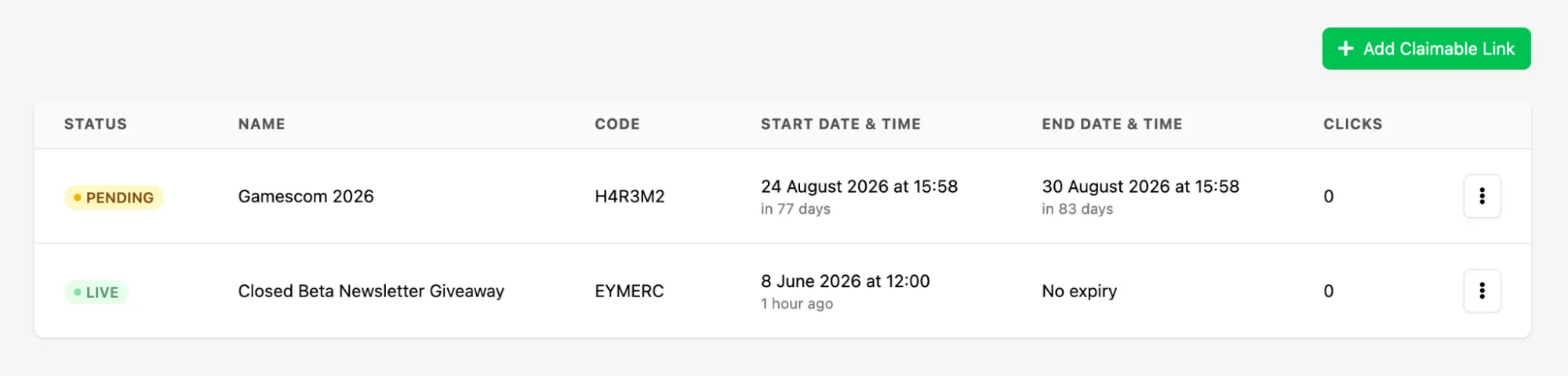 The External Triggers campaign list showing status, name, code, start and end dates, and click counts