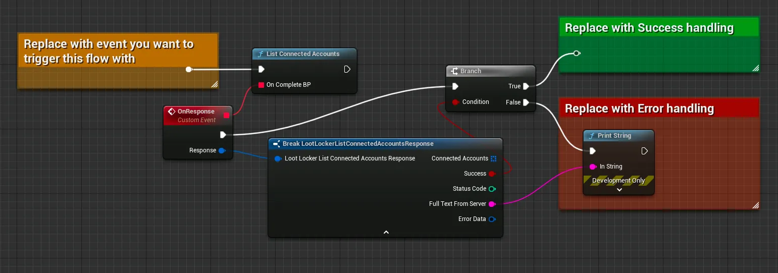 Blueprint example of listing a player's connected accounts