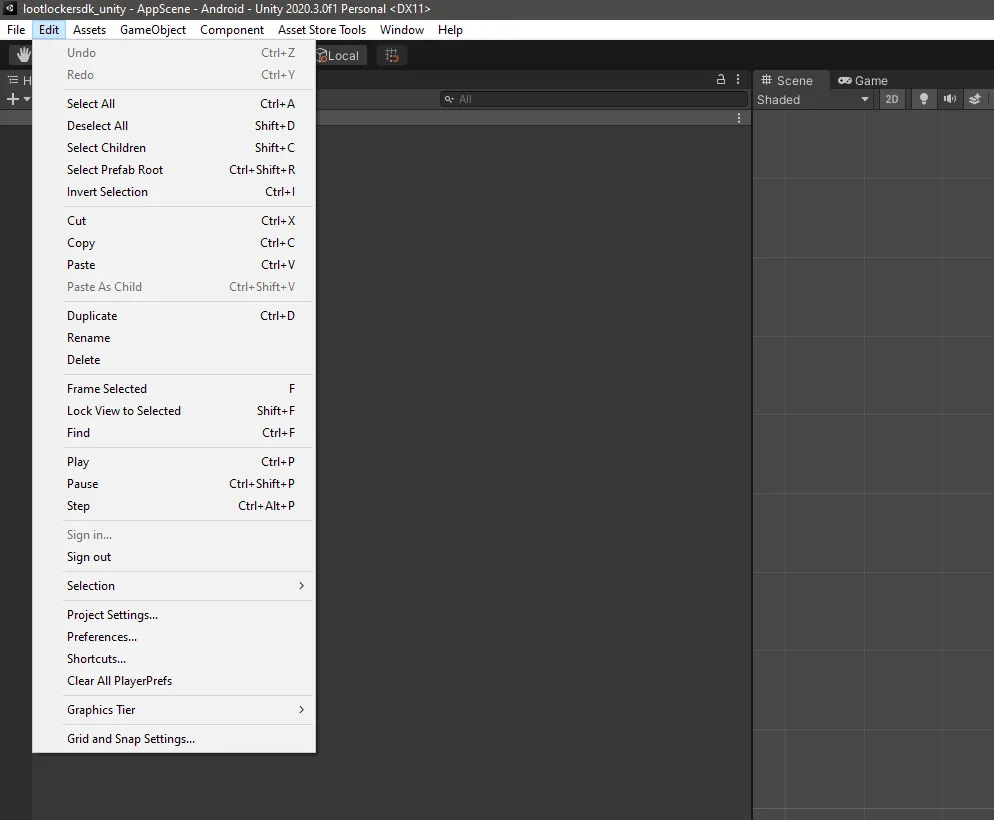 Opening Project Settings from the Edit menu