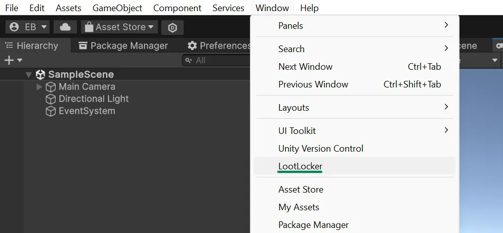 LootLocker Unity Extension location under the Window menu