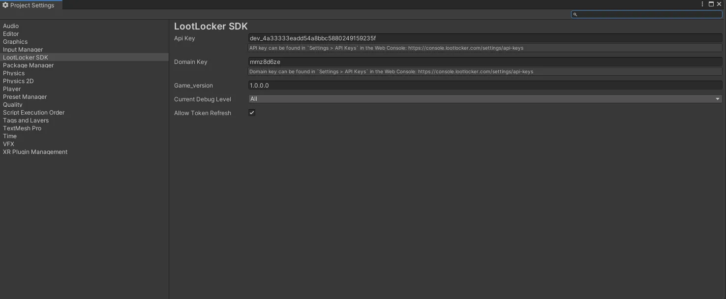 LootLocker SDK settings panel in Unity Project Settings