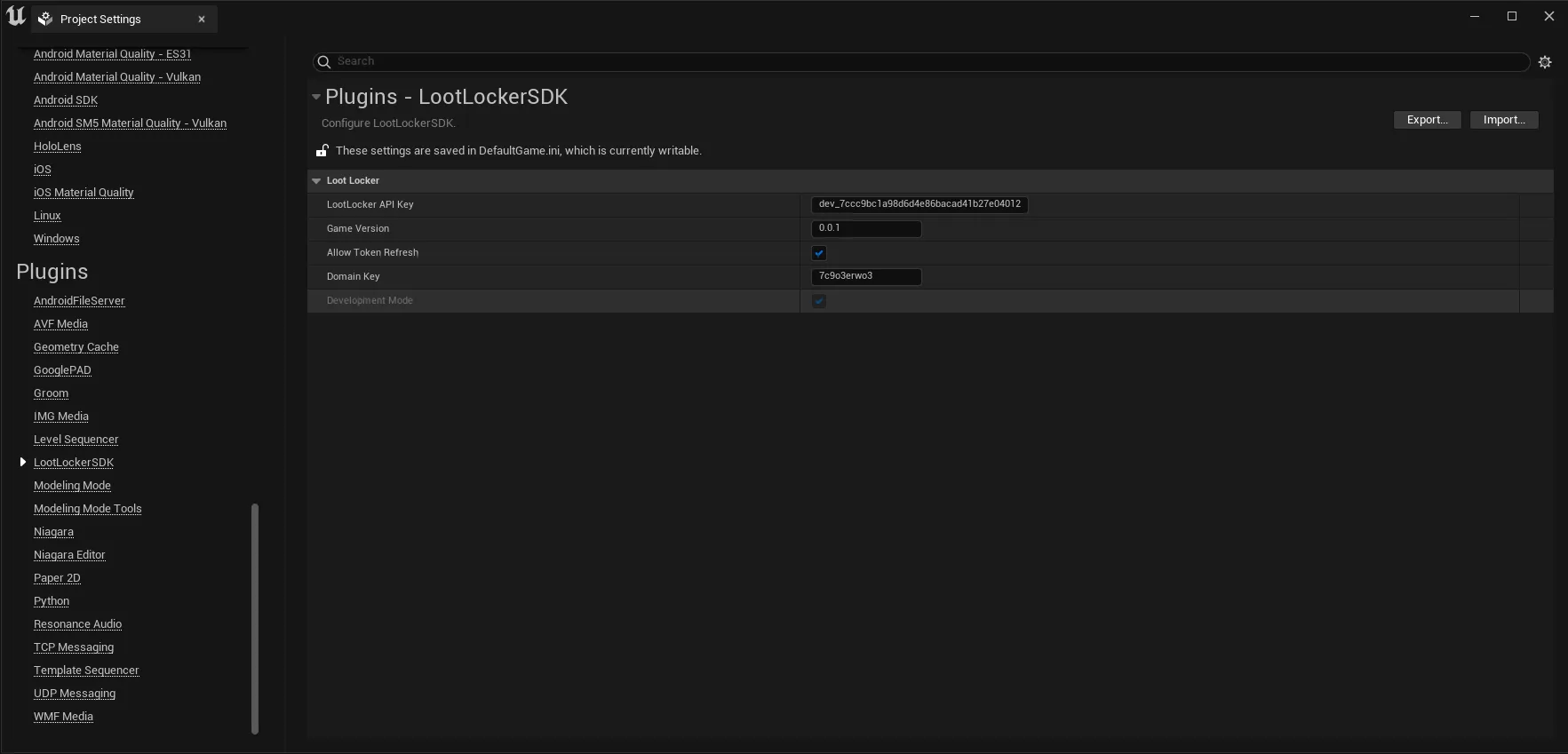 LootLocker plugin settings in Unreal Project Settings