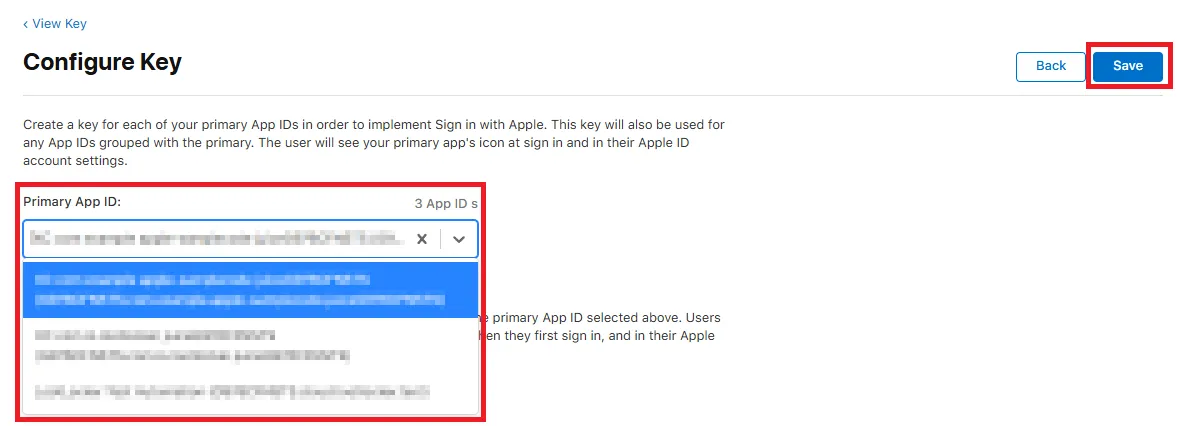 Configuring the key's Primary App ID to match your app