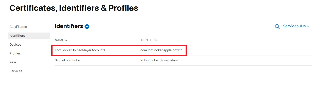Newly created Service ID shown in the list of Services IDs