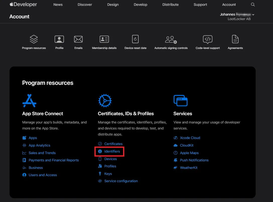 Apple Developer Dashboard with the Identifiers link highlighted