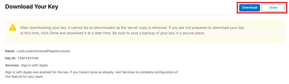 Download button for the newly created key
