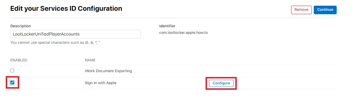 Sign in with Apple checkbox and Configure button on the Service ID