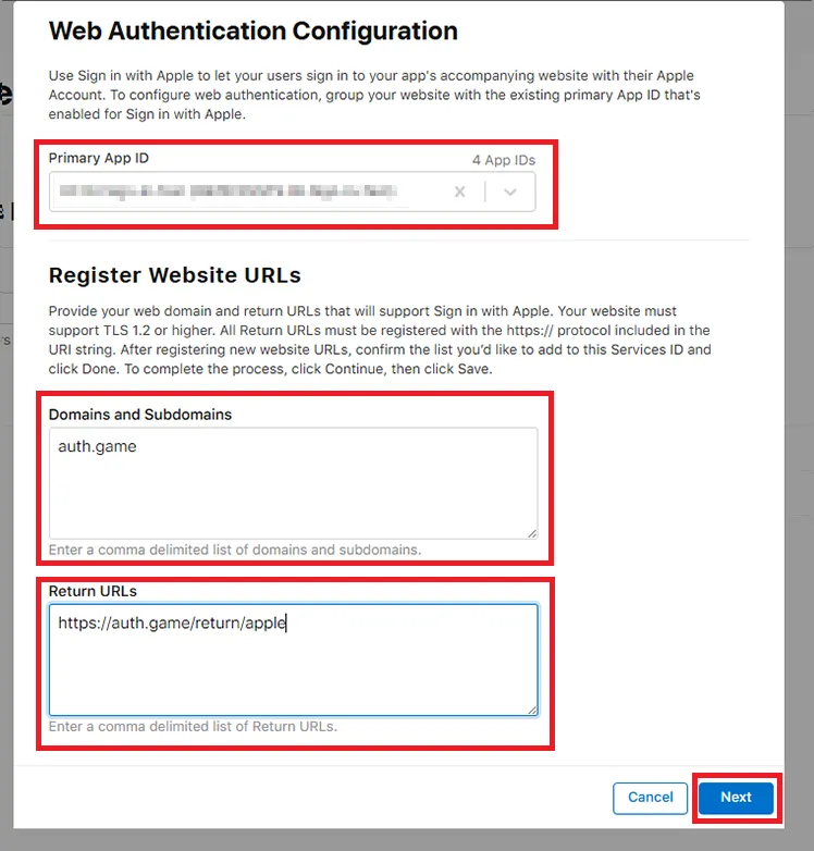 Web Authentication configuration with App ID, Domains, and Return URLs fields