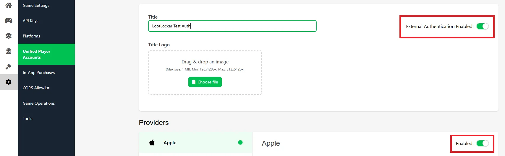 External Authentication and Sign in with Apple toggles in the LootLocker Web Console