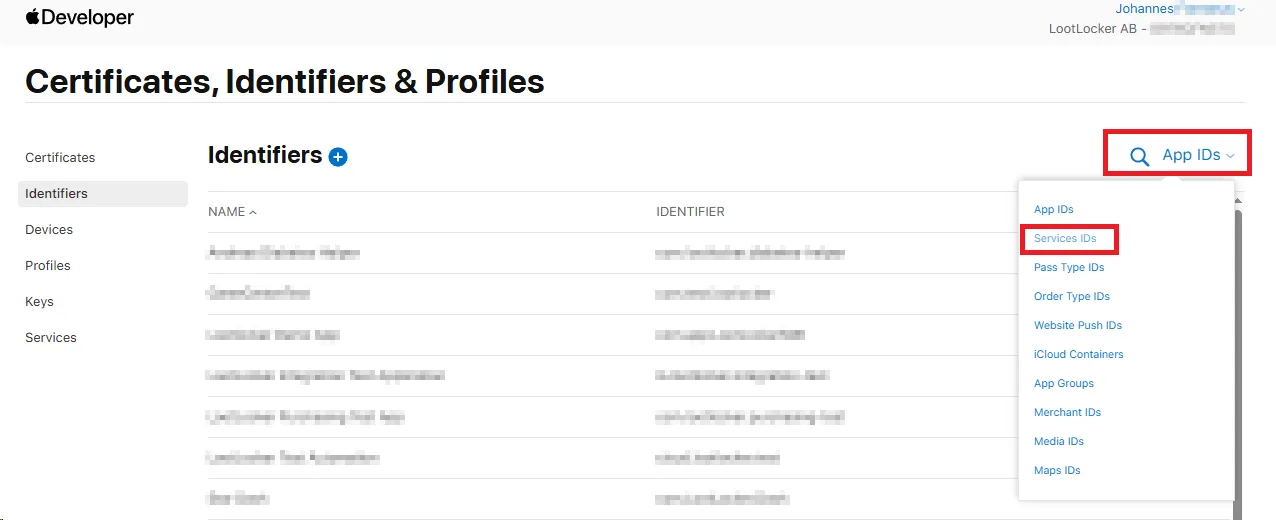 Identifiers page with the magnifying glass filter for switching to Service IDs
