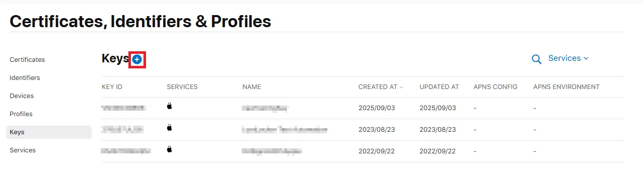 Keys list in the Apple Developer Portal with the + button to create a new key