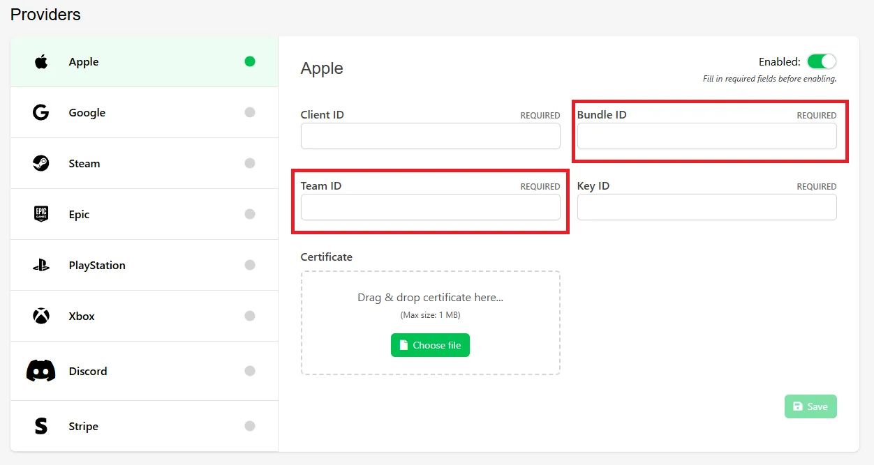 Pasting the Bundle ID and Team ID into the LootLocker Web Console