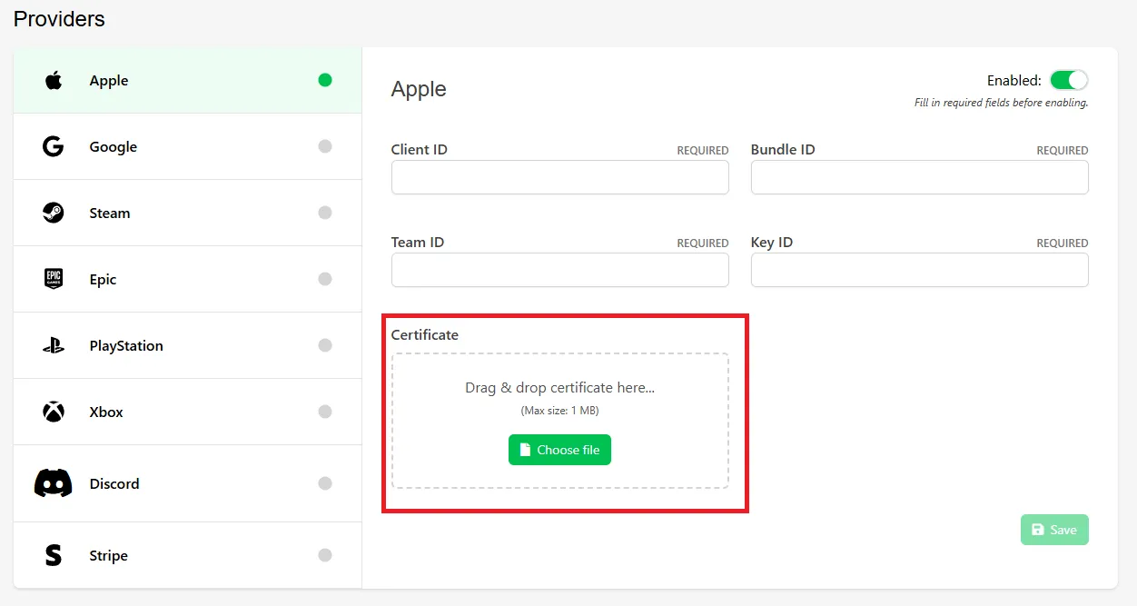 Choose File button for uploading the downloaded Apple key certificate