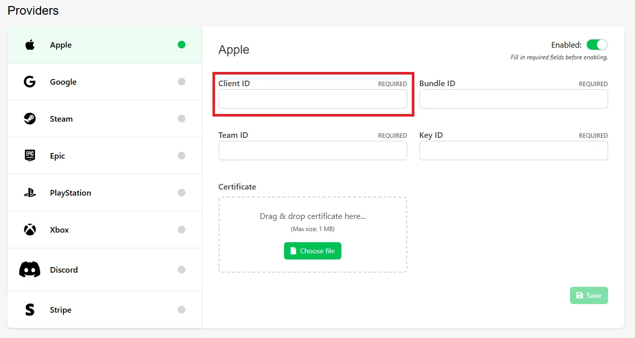 Pasting the Client ID into the LootLocker Web Console