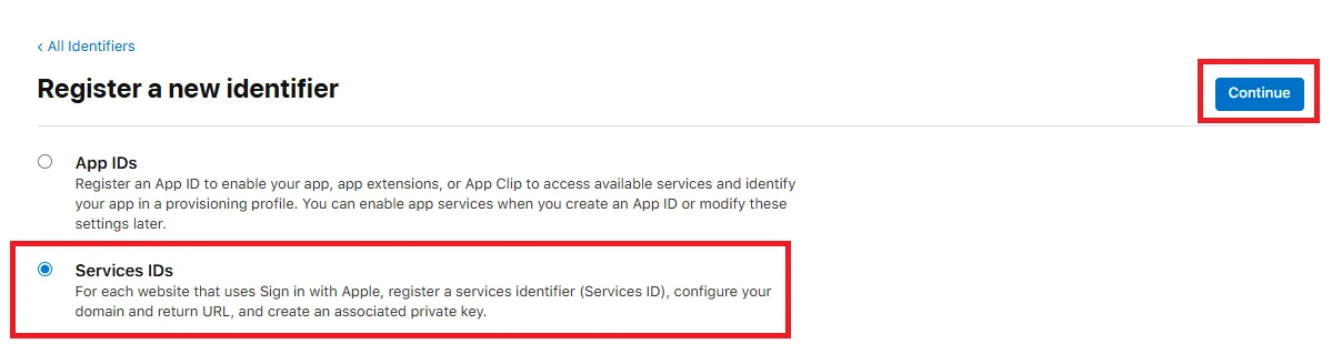 Registering a new Services ID with a description and identifier