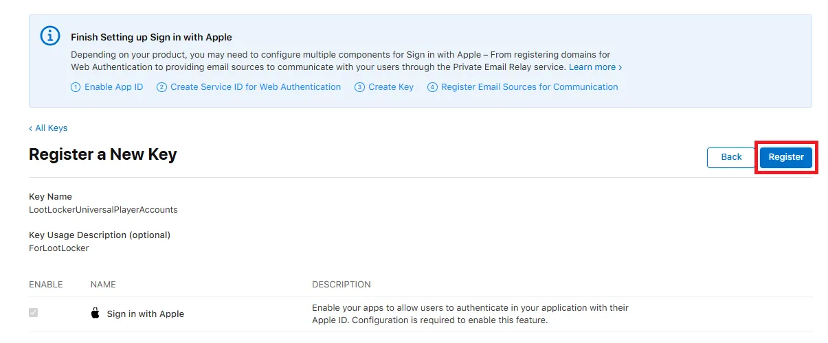 Final Register screen for the new key