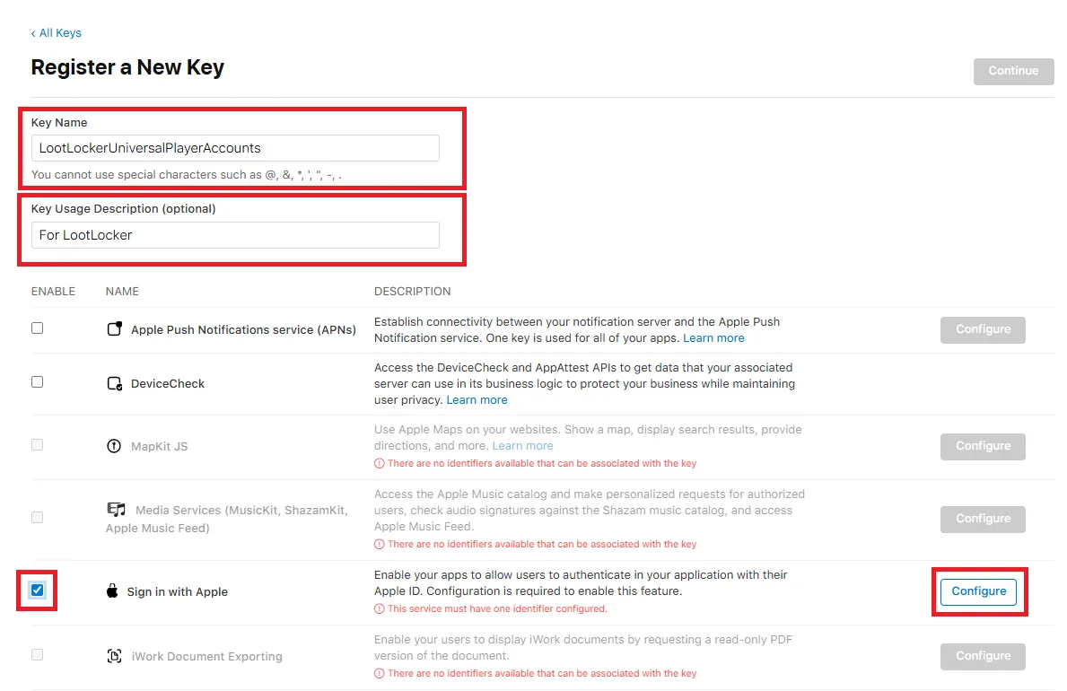 Registering a new key with a name and Sign In with Apple checked
