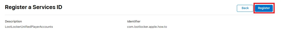 Confirmation screen for registering a new Services ID