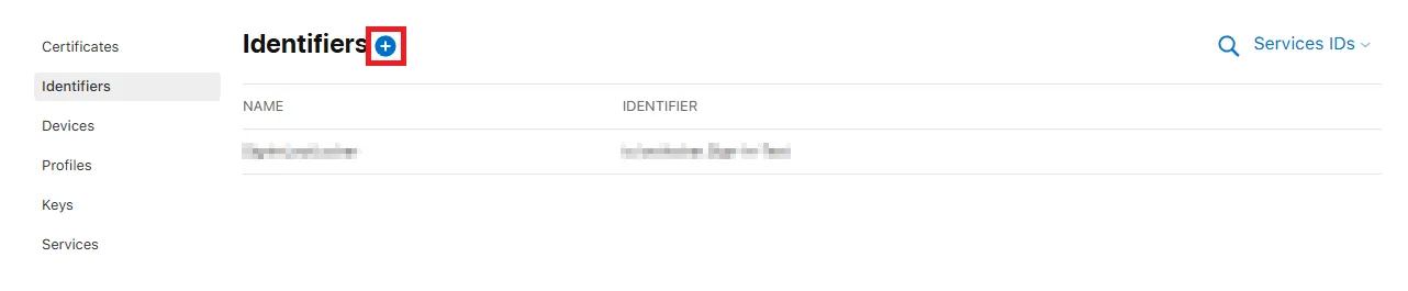Service IDs list with the + button to create a new Service ID