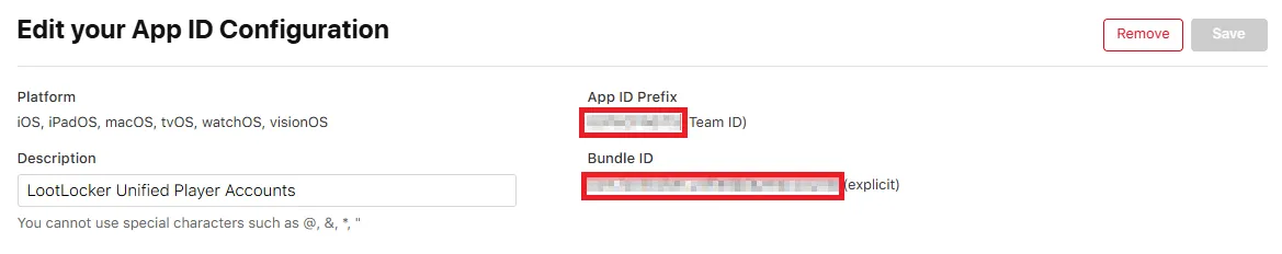 Team ID and Bundle ID shown for the app in the Apple Developer Console