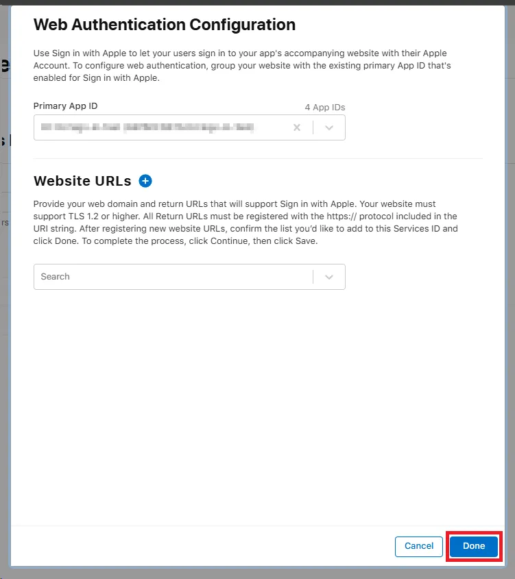 Confirmation screen after adding domains and return URLs, with the Done button