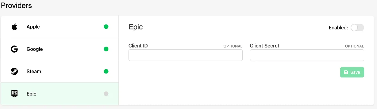 Epic Games Unified Player Accounts settings in the Web Console