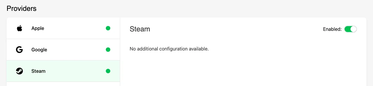 Steam platform selected and Enable button in the Unified Player Accounts settings