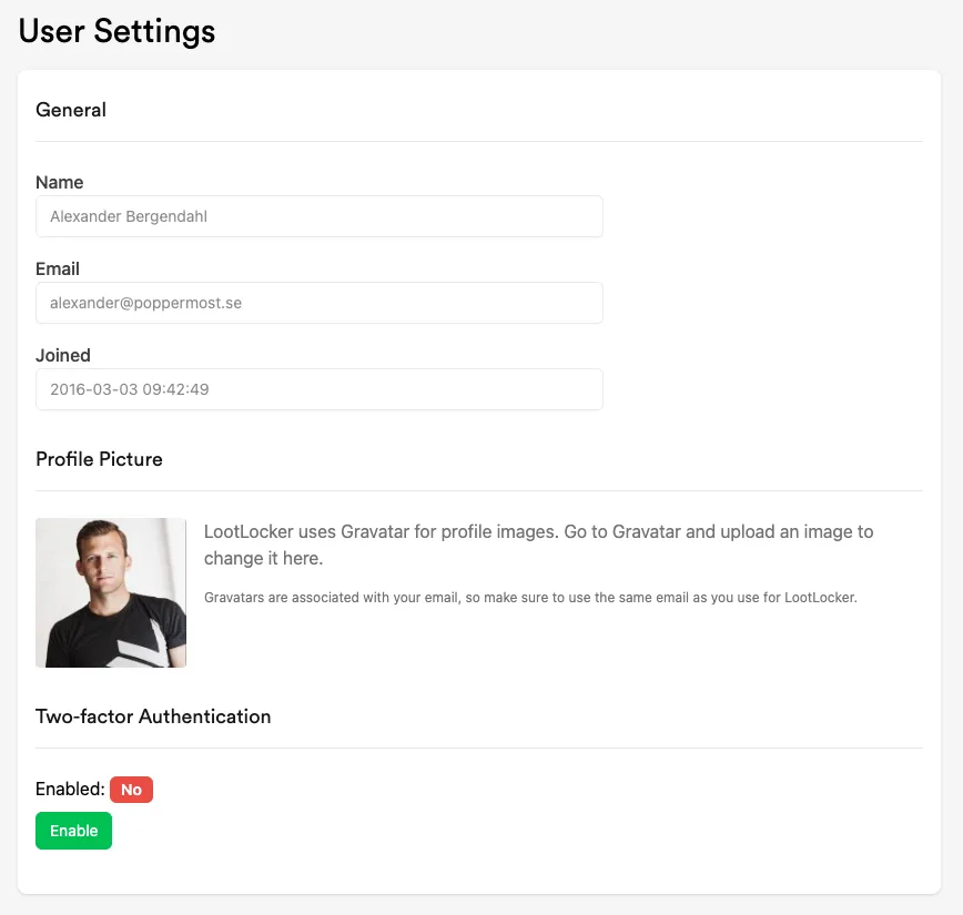 User Settings page showing General profile info and Two-Factor Authentication toggle