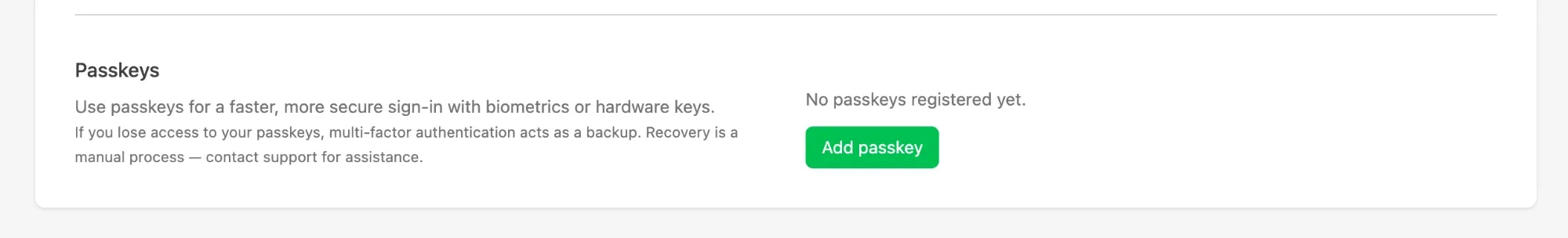 Passkeys section of the Security tab with no passkeys registered and the Add passkey button available