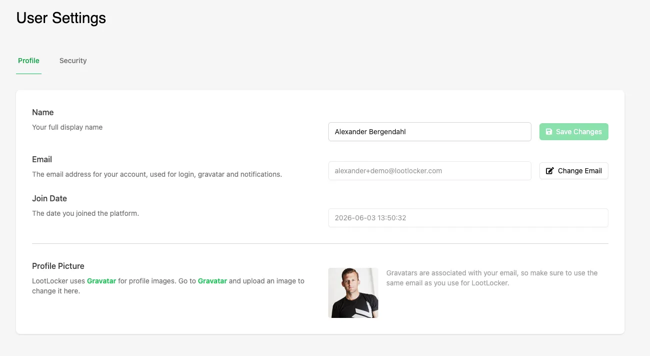 User Settings page with the Profile and Security tabs, showing the Profile tab's name, email, join date, and profile picture fields