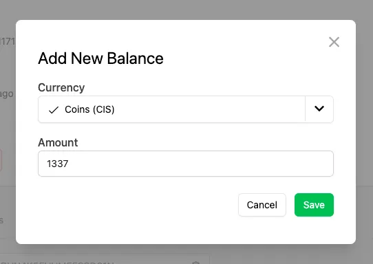 Add New Balance modal with Currency dropdown and Amount field