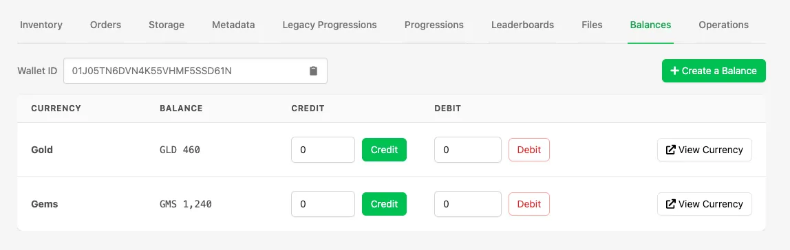 Balances tab on a Player's page in the Web Console showing Wallet ID and Currency balances