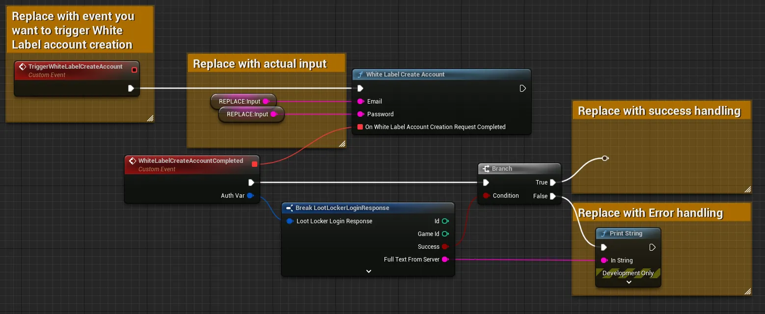 Shows an example of how to implement White Label account creation in Unreal Blueprints - see link: https://blueprintue.com/blueprint/a7i0c3u9/