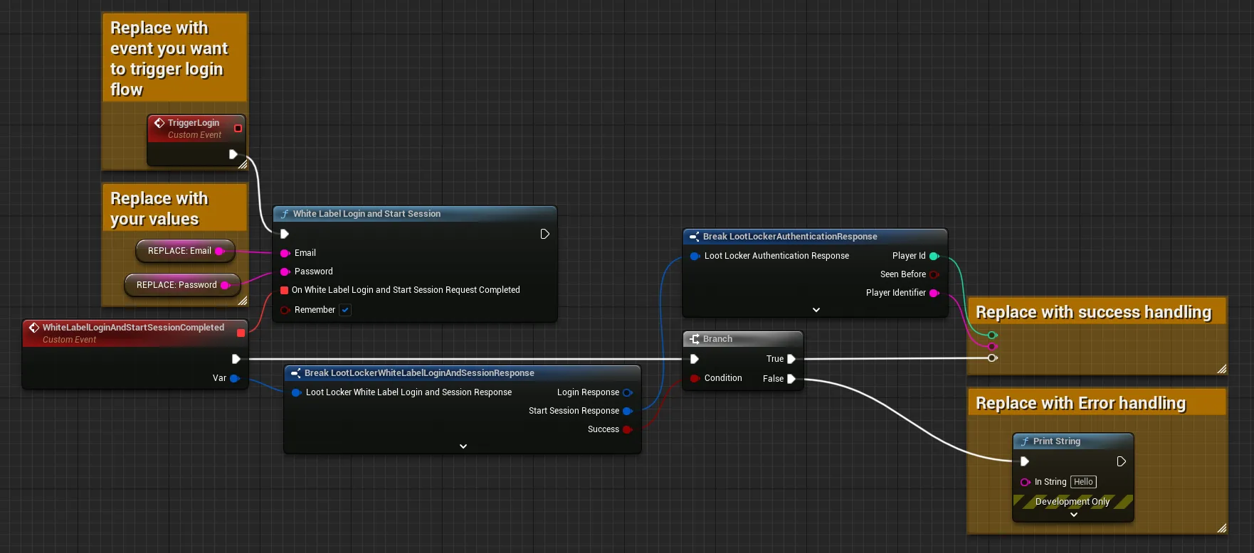 Shows an example of how to implement login and starting a game session using a White Label account in Unreal Blueprints - see link: https://blueprintue.com/blueprint/ifhc8tck/