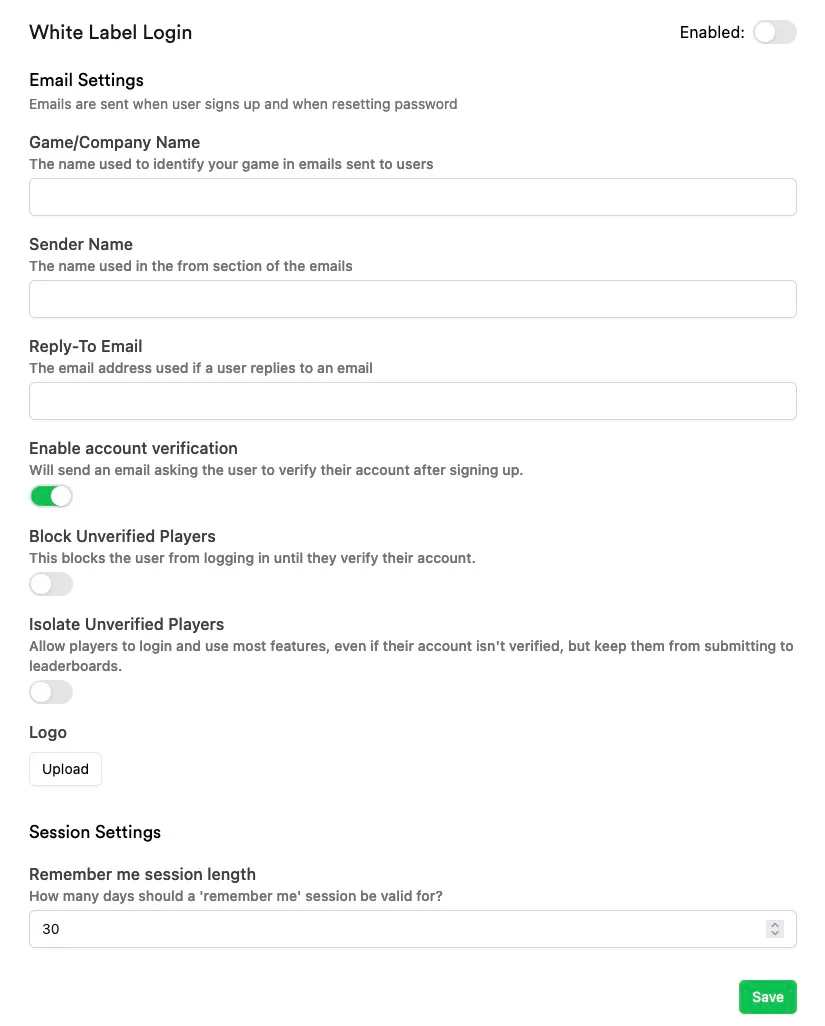 White Label Login platform settings in the Web Console