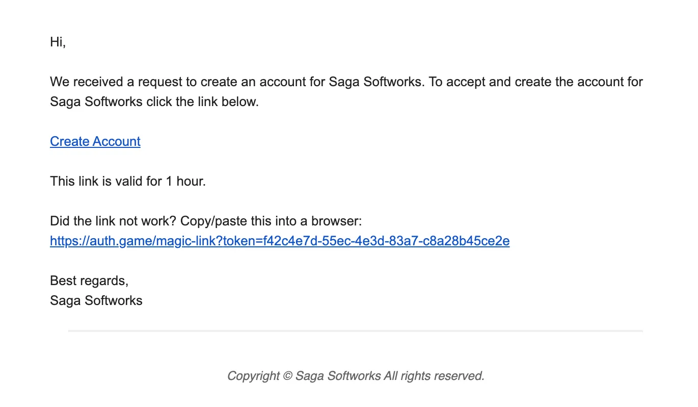 Magic link email with a Create Account link