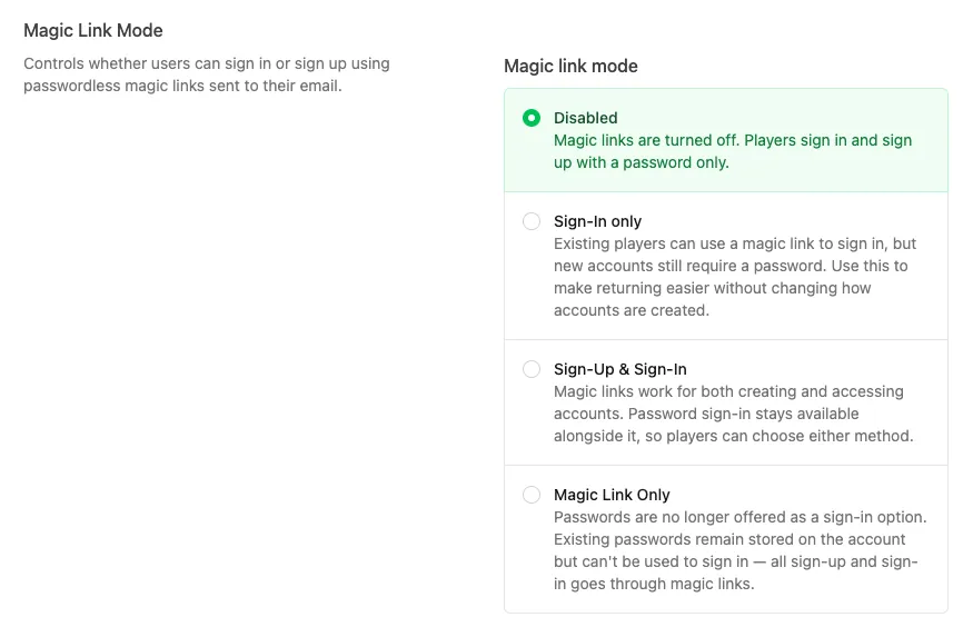 Magic Link Mode setting in the White Label Login platform settings